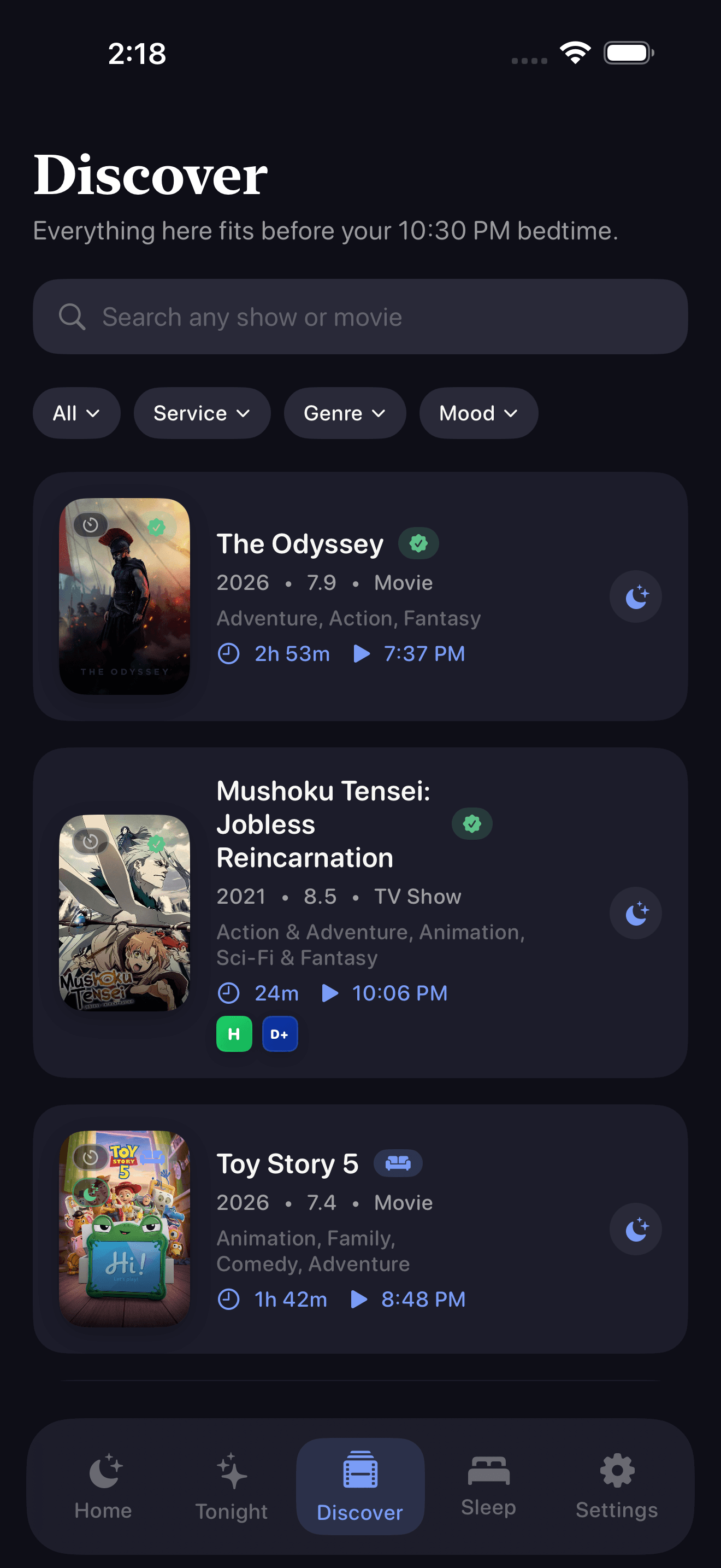 WindDown discover list filtered by streaming service and finish time