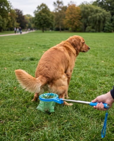 A dog going straight into a bag held open on a telescoping pole